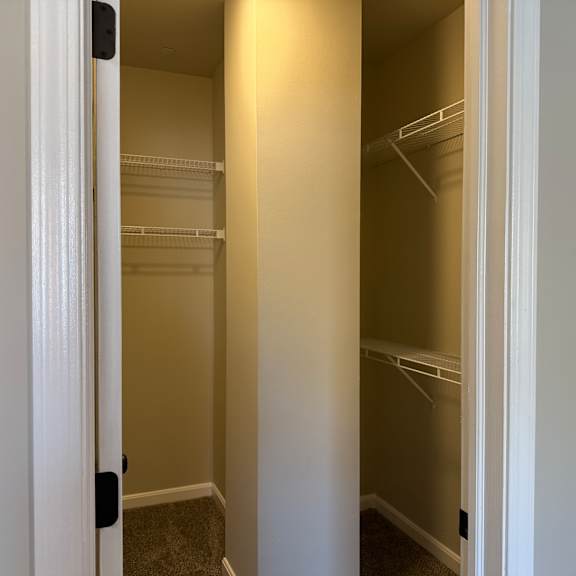 Thumbnail 8 of 10 A white door is open to a walk-in closet with shelves.