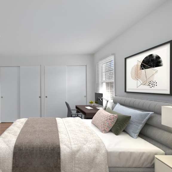 Thumbnail 7 of 12 A bedroom with a bed, dresser, and two framed pictures on the wall.