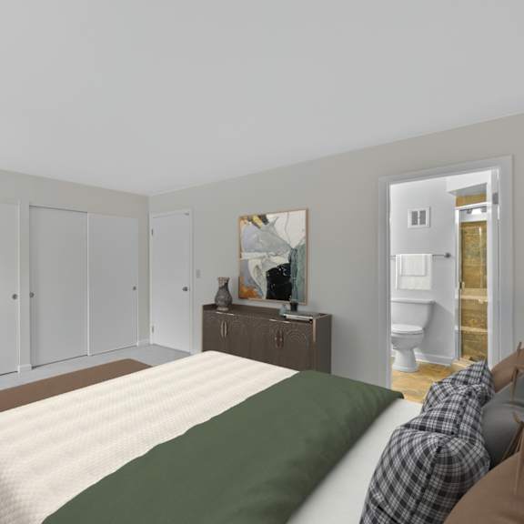 Thumbnail 8 of 12 A bedroom with a bed, dresser, and mirror.