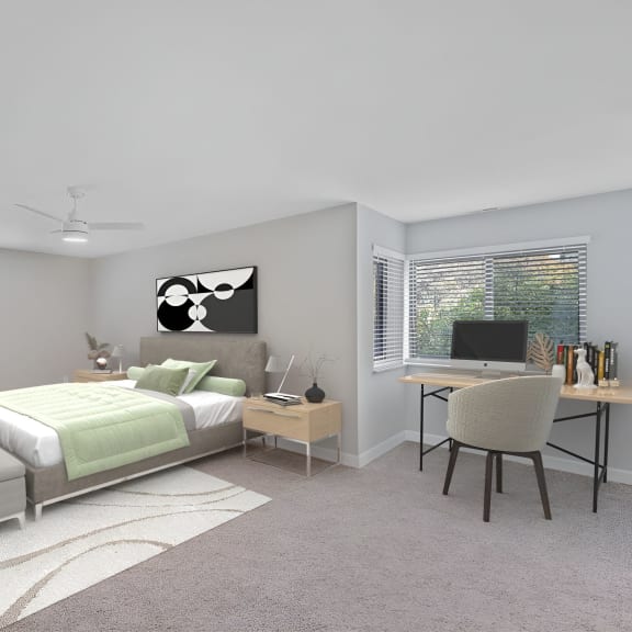 Thumbnail 8 of 10 bedroom with a bed and a desk with a chair at Indian Creek Apartments*, Ohio, 45236