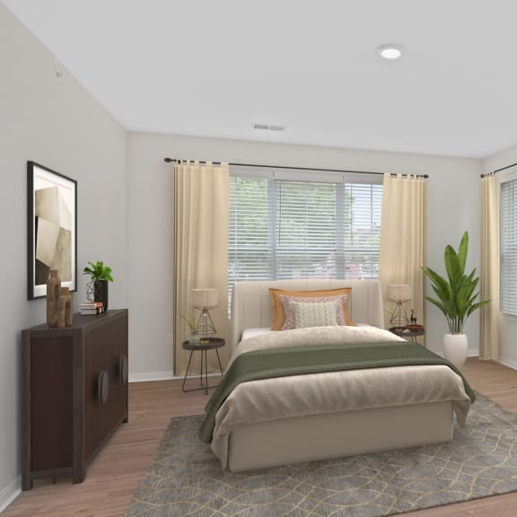 Thumbnail 6 of 7 a bedroom with a bed and a desk and windows at Monmouth Row Apartments, Newport, 41071