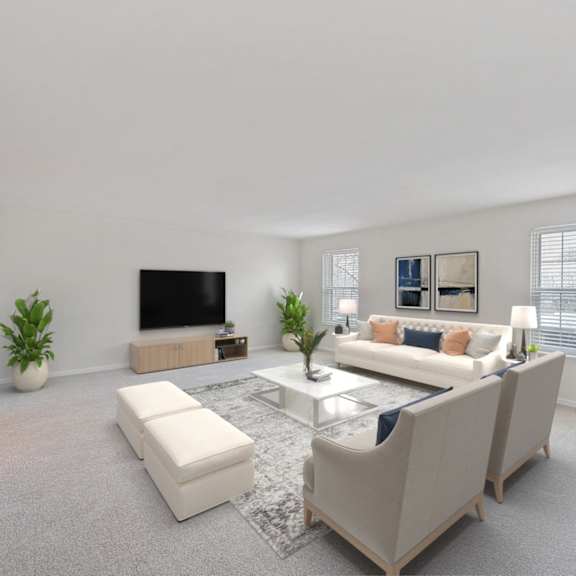 Thumbnail 6 of 14 A living room with a white couch and a television. at Indian Creek Apartments*, Ohio, 45236