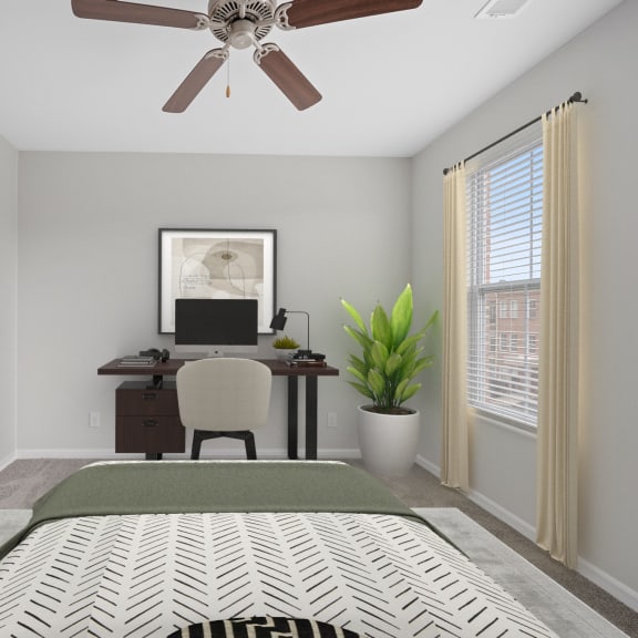 Thumbnail 7 of 8 a bedroom with a large bed and a desk with a computer at Monmouth Row Apartments, Newport, 41071