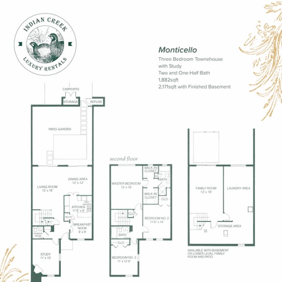 Thumbnail 2 of 13 Monticello I & II 3 Bed 2.5 Bath Floor Plan at Indian Creek Apartments, Ohio, 45236