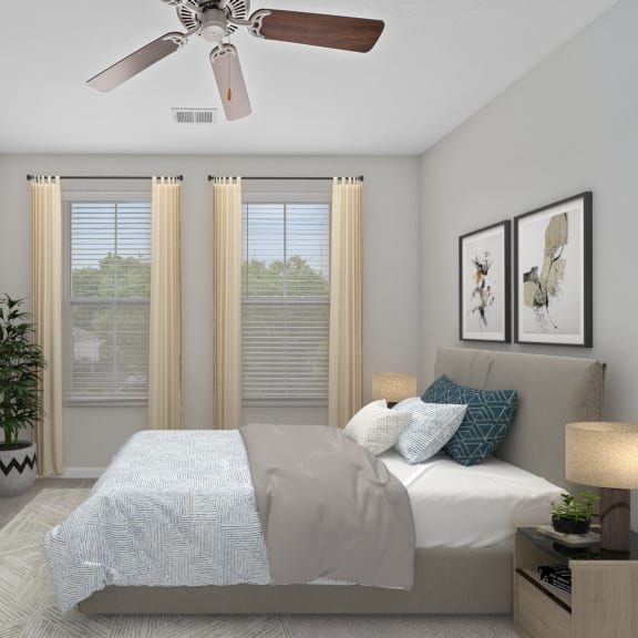 Thumbnail 5 of 6 bedroom with bed and ceiling fan at Monmouth Row Apartments, Newport, 41071