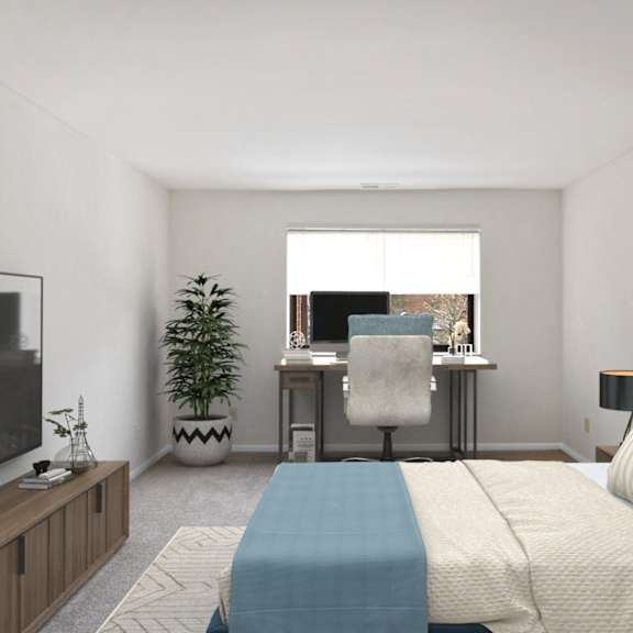 Thumbnail 8 of 10 A modern bedroom with a large bed and a flat screen TV. at Indian Creek Apartments*, Ohio