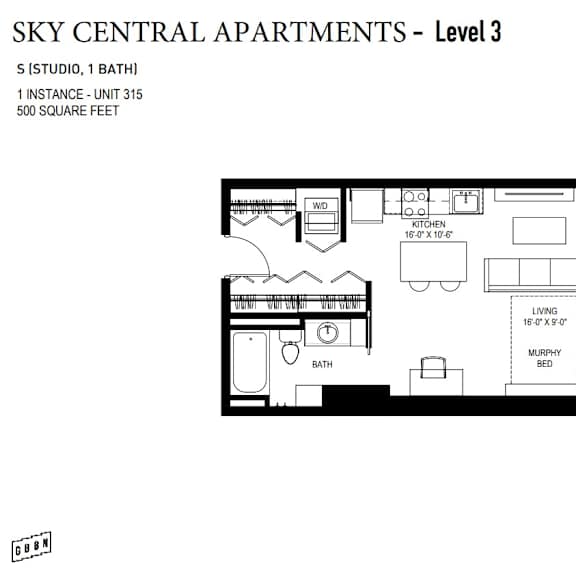 Thumbnail 11 of 11 A floor plan for Sky Central Apartments - Level 3, a 500 square foot apartment with one bathroom and a kitchen.