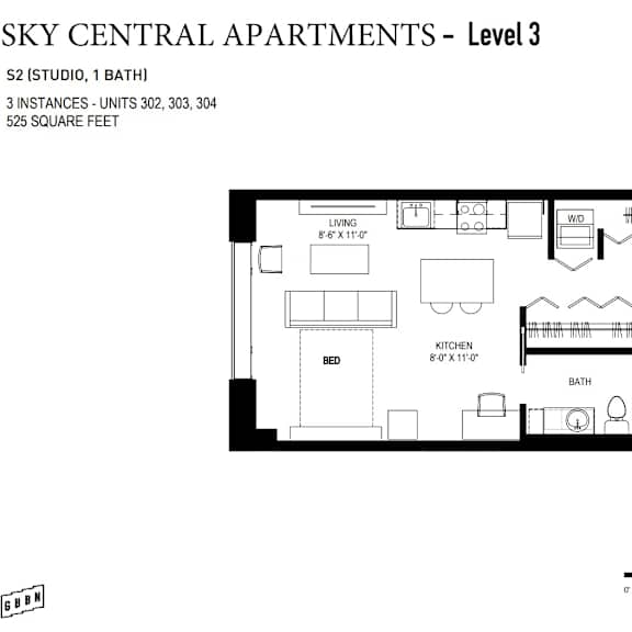 Thumbnail 7 of 11 A floor plan for Sky Central Apartments - Level 3, a studio apartment with 1 bathroom, 3 instances, 302, 303, 304, and 525 square feet