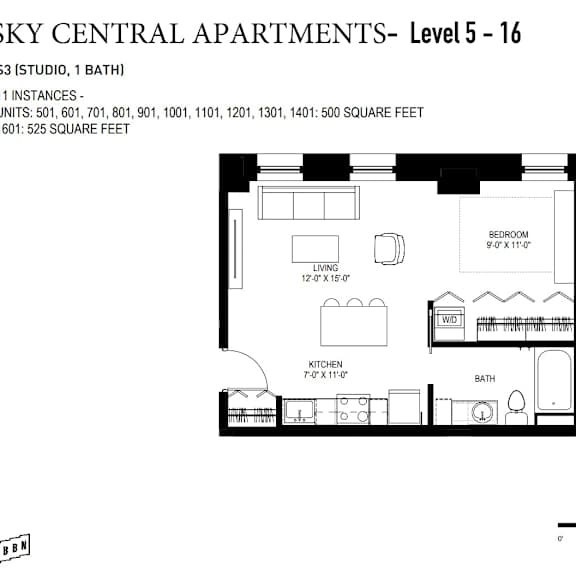 Thumbnail 3 of 11 A floor plan for a studio apartment with 1 bathroom, living room, dining room, and kitchen.