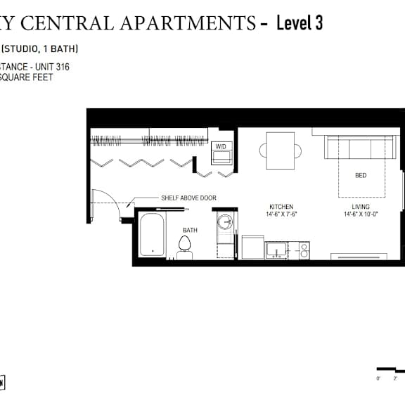 Thumbnail 5 of 11 A floor plan for a studio apartment with a bathroom and a living room.