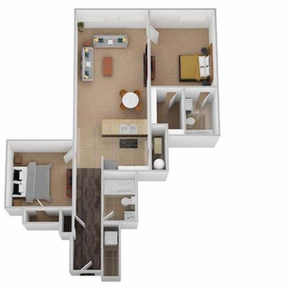 Thumbnail 1 of 10 A 3D floor plan of a house with a kitchen, living room, and two bedrooms.