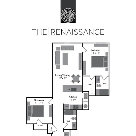 Thumbnail 2 of 10 A floor plan for a Renaissance property with two bedrooms, two bathrooms, and a living/dining area.