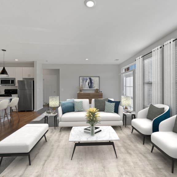 Thumbnail 5 of 7 an open living room with a kitchen and dining area at Monmouth Row Apartments, Newport, KY
