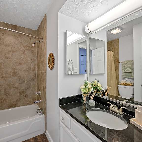bathroom with a shower and a sink and a mirror at wrights point, ft wright