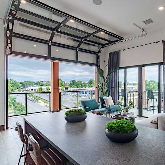 open concept living area with garage style glass door at the yancey apartments, charlotte, north carolina