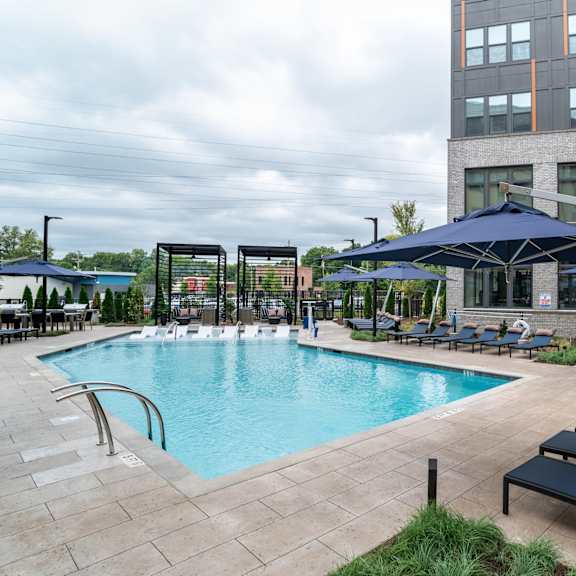 swimming pool with lounge chairs and large umbrellas at the yancey apartments, charlotte