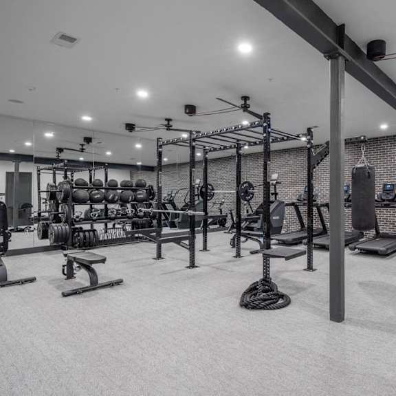 a well-equipped gym with various exercise machines and weights.