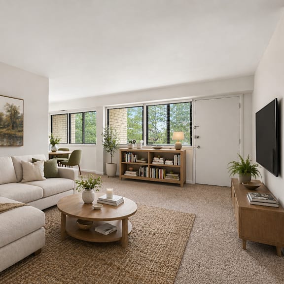 a living room with a couch, a coffee table, and a painting on the wall.