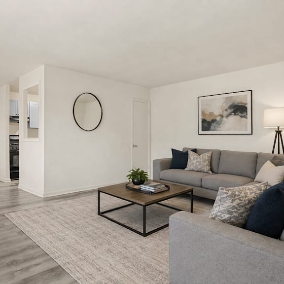 a living room with a grey couch and a coffee table.