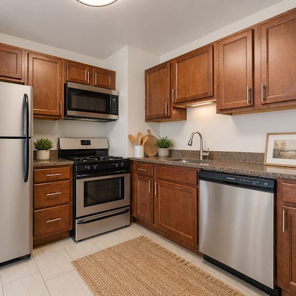 a kitchen with a refrigerator, microwave, oven, and sink.