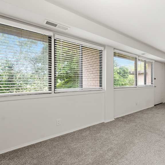 a room with a carpeted floor and two windows with blinds.