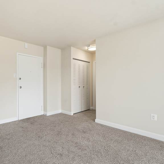 a room with carpeted floor and two white doors.