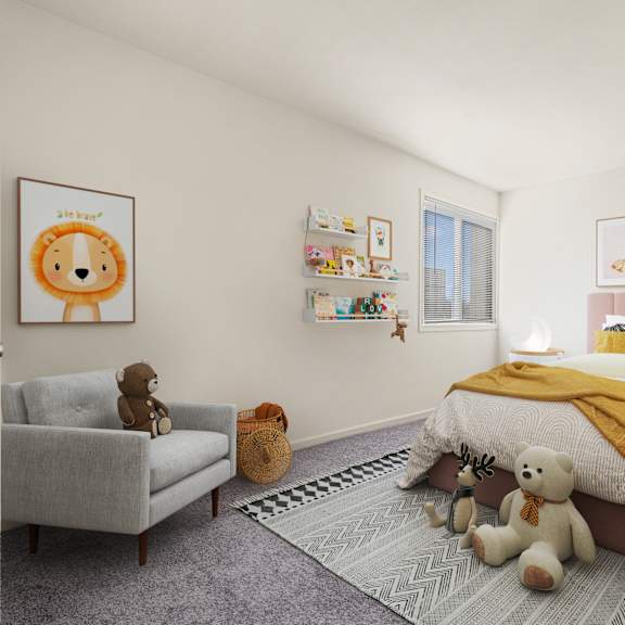 a child's bedroom with a bed, chair, and stuffed animals at seven springs apartments, college park