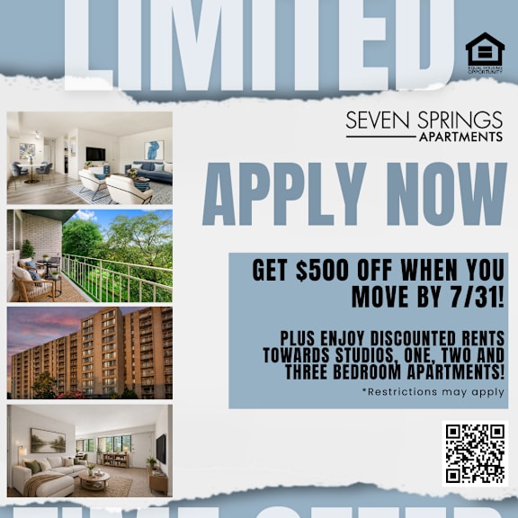 a flyer for seven springs apartments advertising a time offer with a $500 discount.