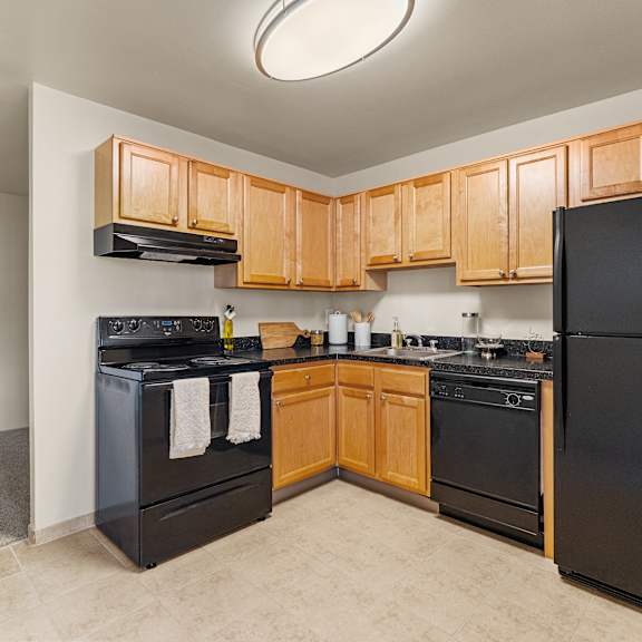 a kitchen with black appliances and wooden cabinets.