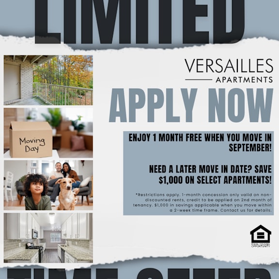 a flyer for versailles apartments advertising a limited time offer with various incentives.