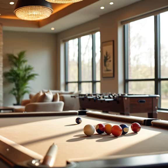a pool table in a room with a fireplace and a television.