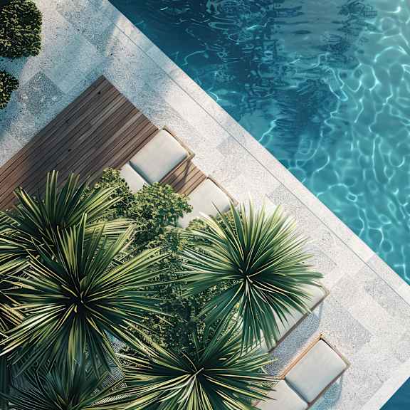 a pool with a wooden deck and palm trees.