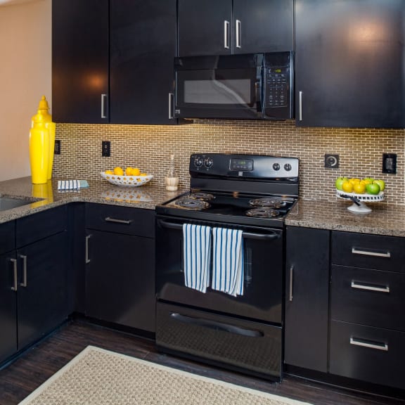Thumbnail 8 of 9 a kitchen with black cabinets and stainless steel appliances at Ansley at Town Center, Georgia