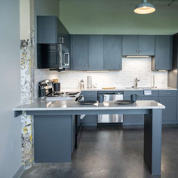 a kitchen with gray cabinets and stainless steel appliances at conwood flats, memphis, tennessee