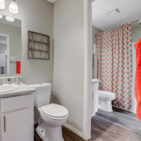 bathroom with a sink toilet and shower at sausalito apartments, college station, tx