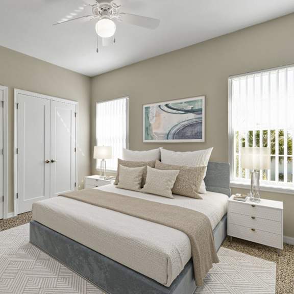 a bedroom with a bed and two windows