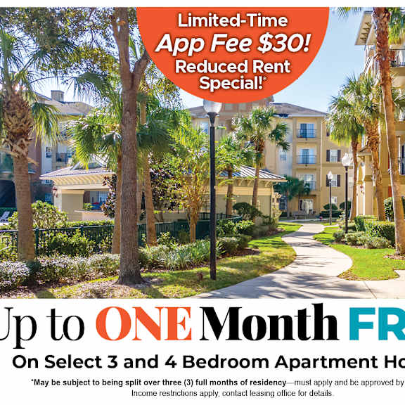 a promotional image for a limited-time app fee of $30 and a reduced rent special offering up to one month free on select 3 and 4 bedroom apartment homes.
