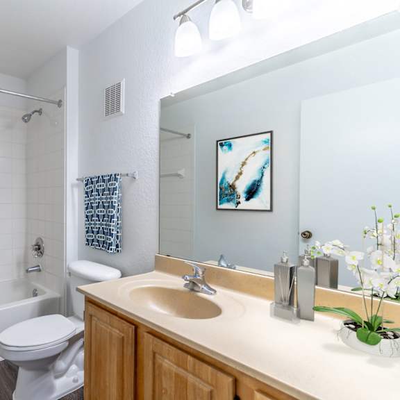 a bathroom with a white bathtub and a white toilet next to a sink with a mirror