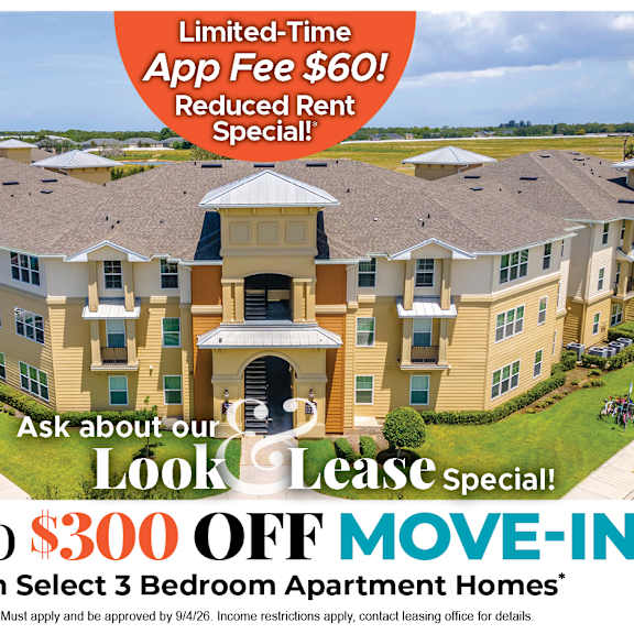 an advertisement for a limited-time app fee reduction and move-in special for apartment homes.