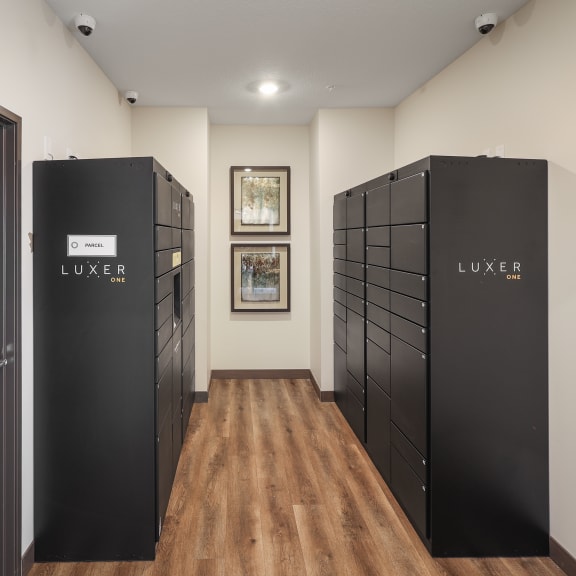 a row of black package lockers in a room with a wood floor