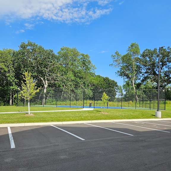 a road with a white line on the side and trees in the background.