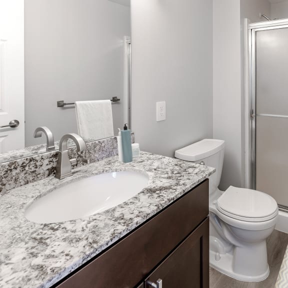 a bathroom with a sink toilet and shower