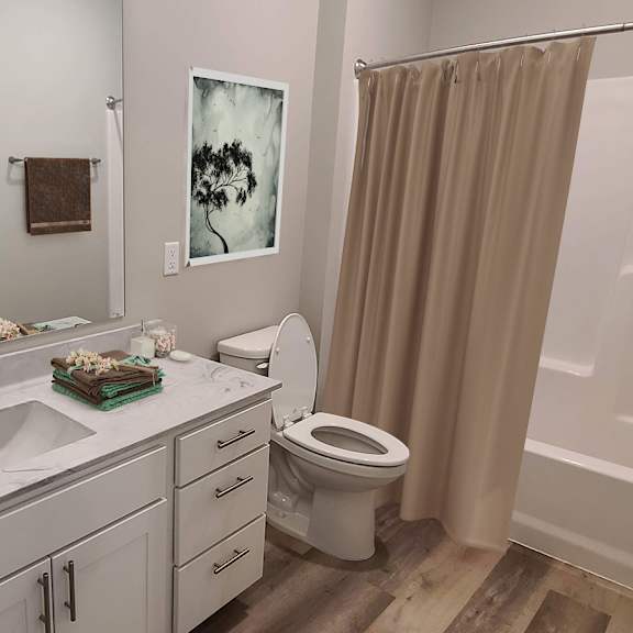 a bathroom with a sink, toilet, and shower.