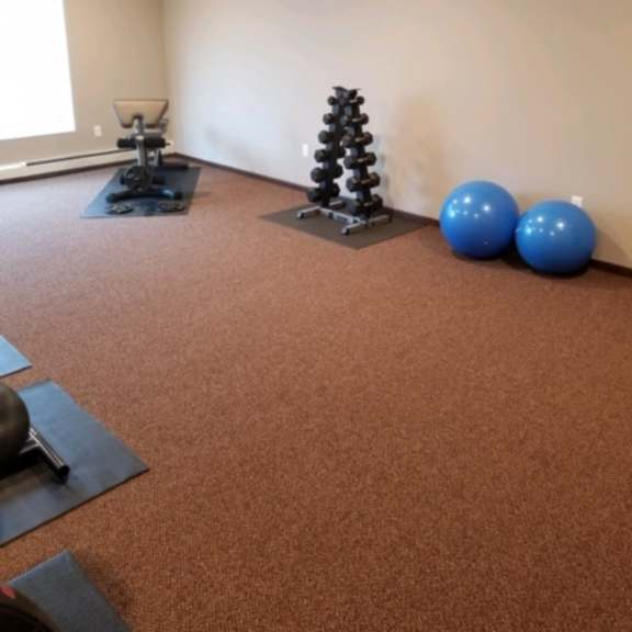 a room with a brown carpet and exercise equipment.