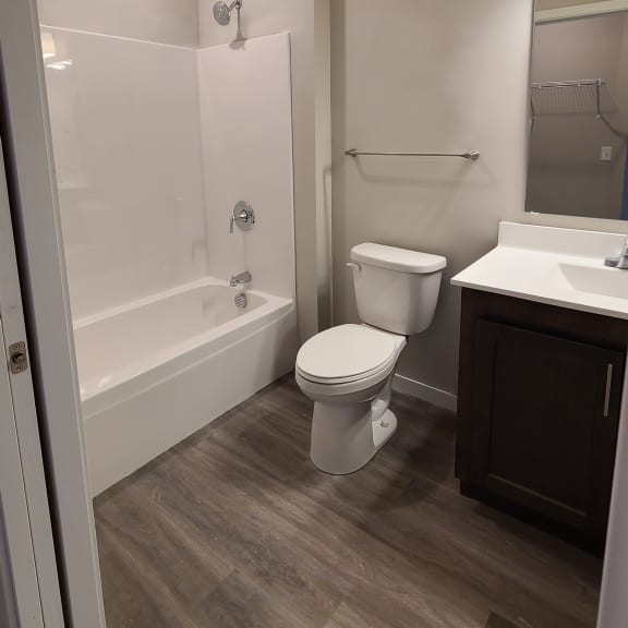 a bathroom with a toilet and a tub and a sink