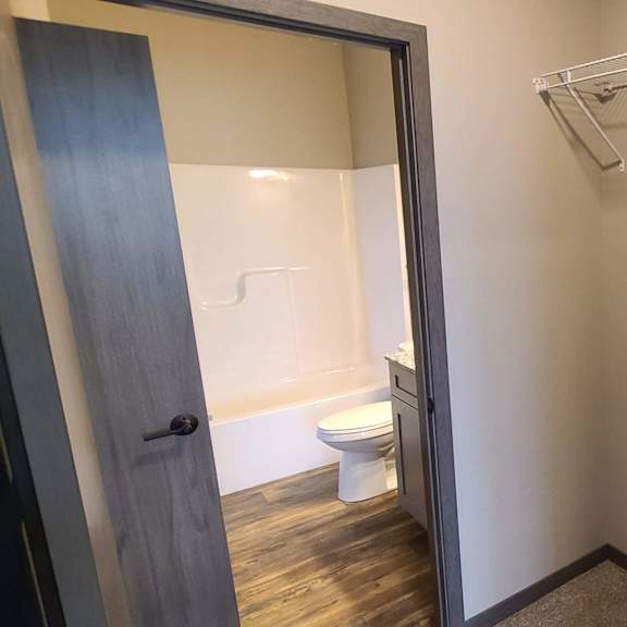 a bathroom with a shower and a toilet and a closet