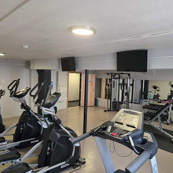 a gym with a row of stationary bikes and a treadmill in the foreground.