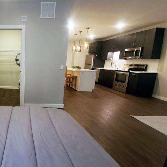 a bedroom with a bed in the foreground and a kitchen in the background.