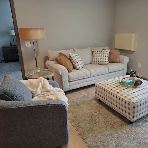 a grey chair with a pillow and a grey couch with pillows and blankets in a living room.