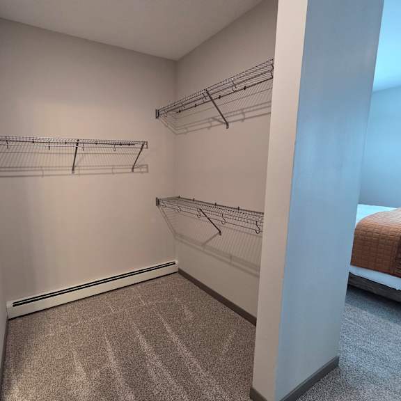 a walk-in closet with white walls and grey carpeting.